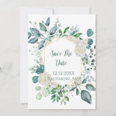 Witte Roos Groene Eucalyptus Bruiloft  Save The Date (Achterkant)
