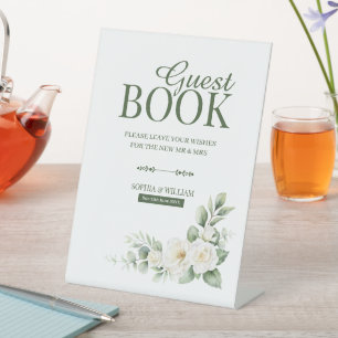 Witte Roos Groene Guest Book Tafelkaartje Reclamebord Met Voetstuk