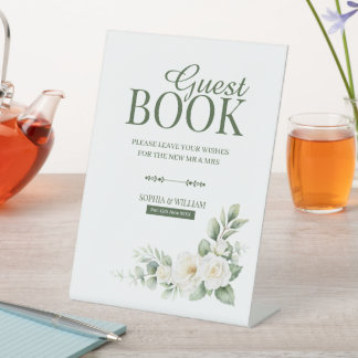Witte Roos Groene Guest Book Tafelkaartje Reclamebord Met Voetstuk