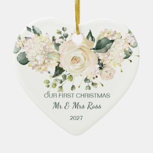 Witte roos, hydrangea, eerste kerstfoto Foto Keramisch Ornament