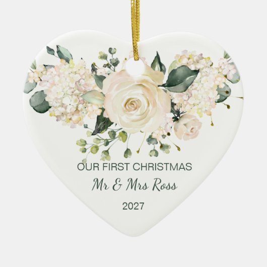 Witte roos, hydrangea, eerste kerstfoto Foto Keramisch Ornament (Voorkant)