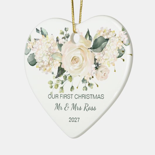 Witte roos, hydrangea, eerste kerstfoto Foto Keramisch Ornament (Links)