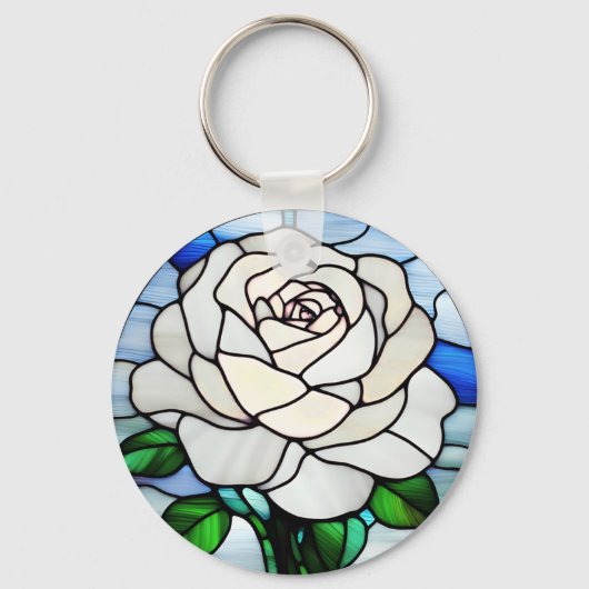 Witte Roos in Glas in Lood Sleutelhanger (Voorkant)