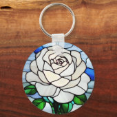 Witte Roos in Glas in Lood Sleutelhanger (Voorkant)