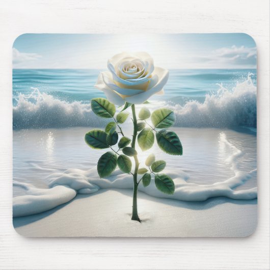 Witte roos in strandzand muismat (Voorkant)