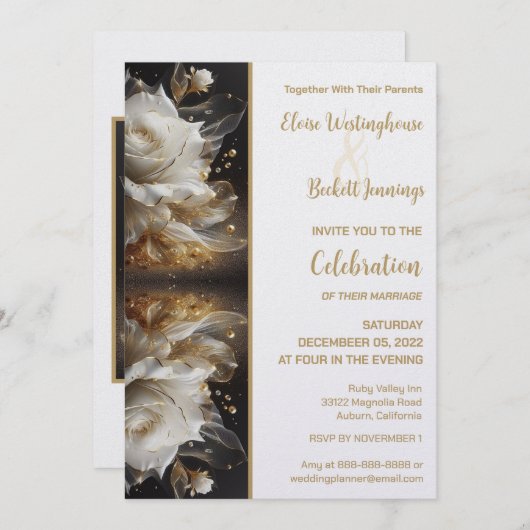 Witte Roos met Gouden Huwelijksuitnodiging Kaart (Voorkant / Achterkant)