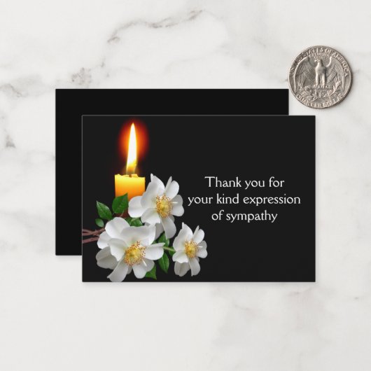 Witte roos met kaars na begrafenis Dank u Notitiekaartje (Voorkant / Achterkant in situ)