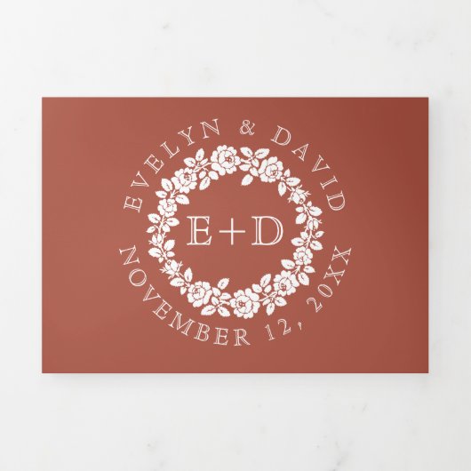 witte roos met terracotta bruiloft drieluik uitnodiging (Cover)