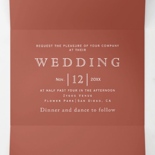 witte roos met terracotta bruiloft drieluik uitnodiging (Binnenkant midden)