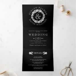  witte roos met zwarte bruiloft drieluik uitnodiging