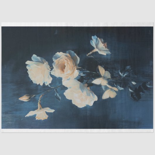 Witte Roos & Narcis Boeket Marine Achtergrond Tissuepapier (Voorkant)