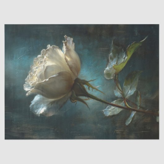 Witte Roos op Blauwgroen Geschilderde Achtergrond  Tissuepapier (Voorkant)