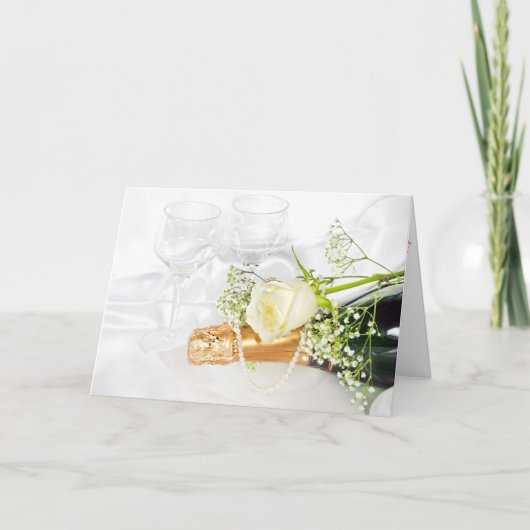 witte roos op champagnefles met parels kaart (Voorkant)