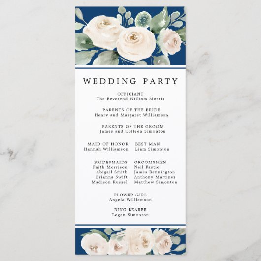 Witte Roos op Navy Blue Bruiloft Programmakaart (Achterkant)