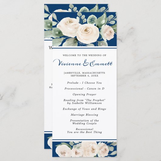 Witte Roos op Navy Blue Bruiloft Programmakaart (Voorkant / Achterkant)