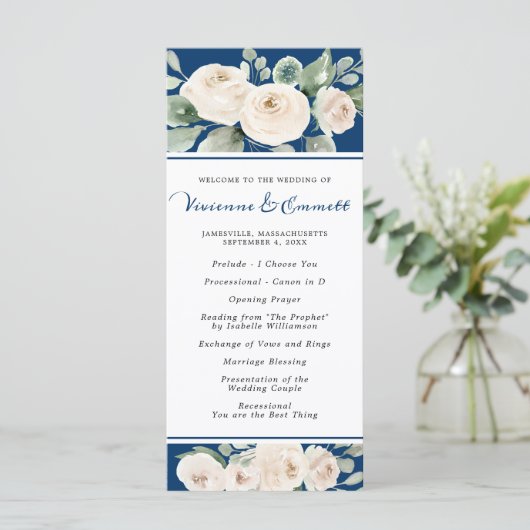 Witte Roos op Navy Blue Bruiloft Programmakaart (Staand voorkant)