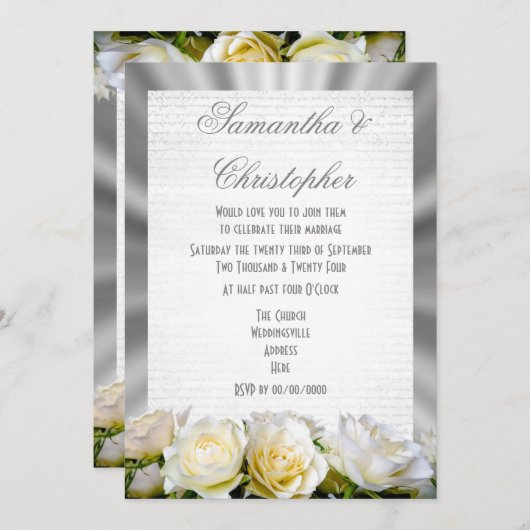 Witte roos op zilveren grijze trouw kaart (Voorkant / Achterkant)