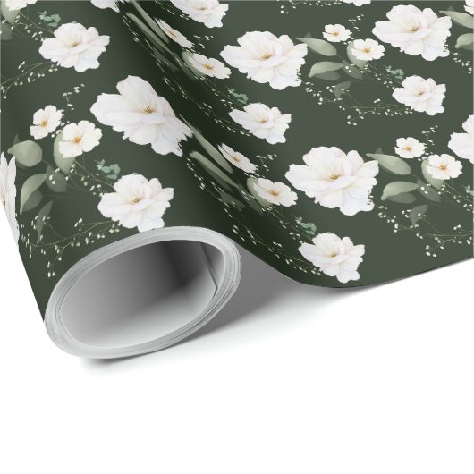 Witte Roos op Zwart Bloemmotief Cadeaupapier (Rol Hoek)