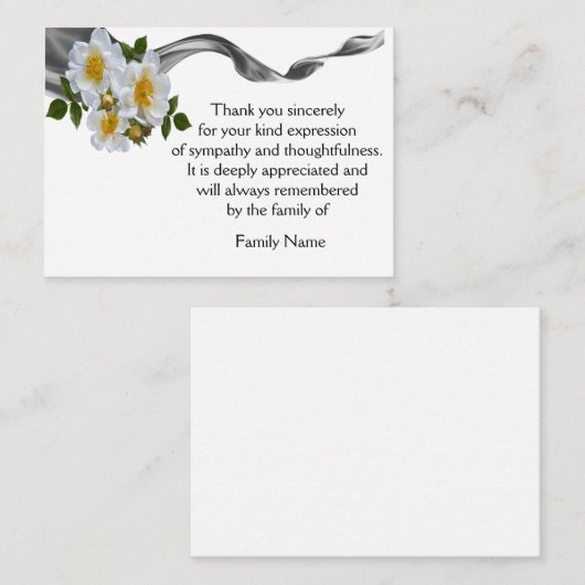 Witte roos op zwart lint na begrafenis notitiekaartje (Voorkant / Achterkant)