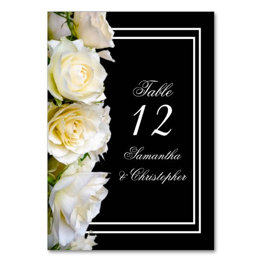 Witte roos op zwarte florale trouwtafel kaart (Achterkant)