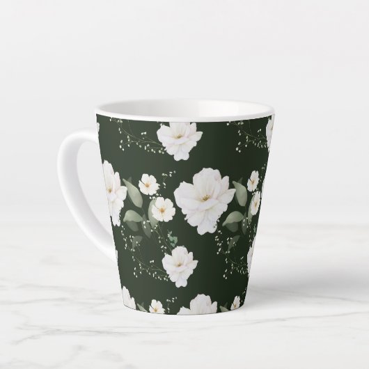 Witte Roos op Zwarte Latte Koffie Mok Bloemen (Linkerhoek)