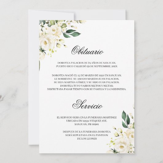 Witte roos overlijdensbericht spaanse uitnodiging (Achterkant)