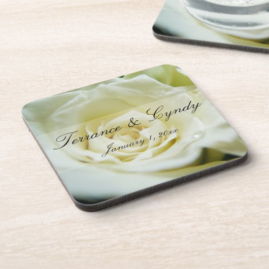 Witte Roos Persoonlijke Trouwdag Bier Onderzetter (Linkerzijde)