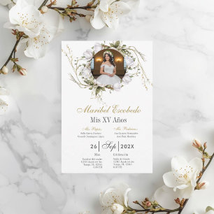 Witte roos quinceañera met foto uitnodiging
