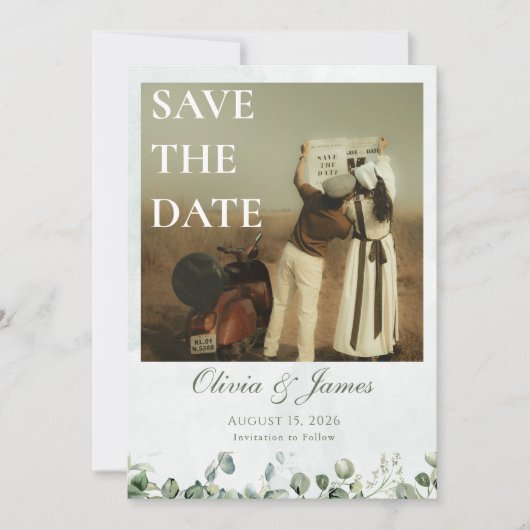 Witte Roos & Saliegroen Save the Date Kaart (Voorkant)