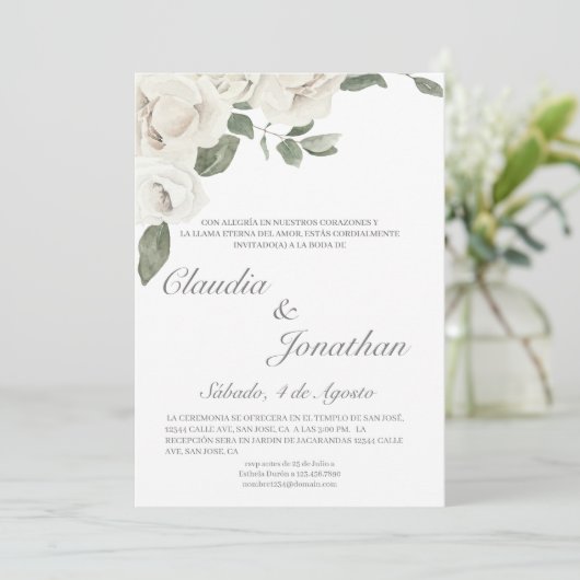 Witte roos spaanse bruiloft uitnodiging (Staand voorkant)