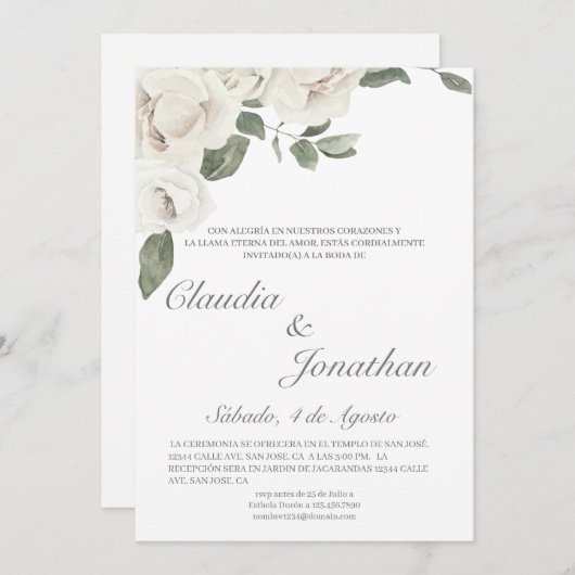 Witte roos spaanse bruiloft uitnodiging (Voorkant / Achterkant)