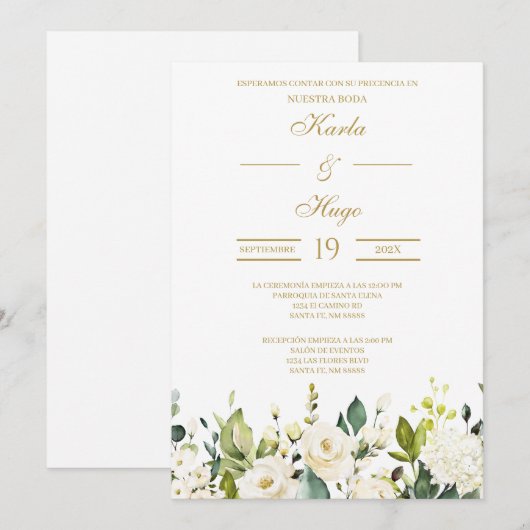 Witte roos Spaanse bruiloft uitnodiging (Voorkant / Achterkant)