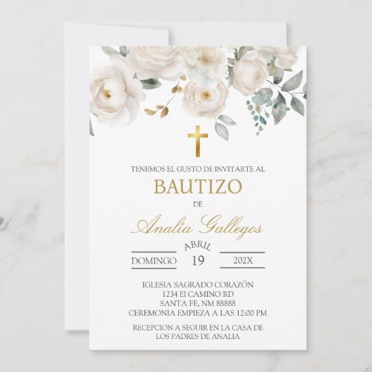 Witte roos Spaanse doop uitnodiging (Voorkant)