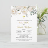 Witte roos Spaanse doop uitnodiging (Staand voorkant)