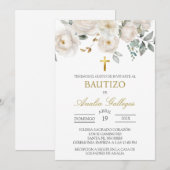 Witte roos Spaanse doop uitnodiging (Voorkant / Achterkant)