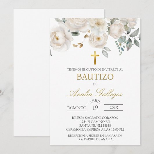 Witte roos Spaanse doop uitnodiging (Voorkant / Achterkant)