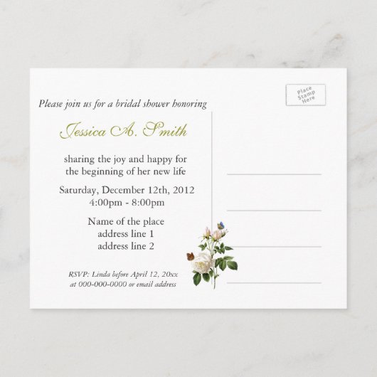  witte roos, vlinders vrijgezellenfeest uitnodiging briefkaart (Achterkant)