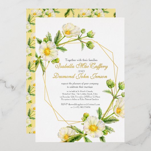 Witte roos waterverf bruiloft met florale  folie uitnodiging (Voorkant / Achterkant)