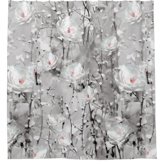 Witte roos winter bloemengrijs wit patroon douchegordijn (Voorkant)