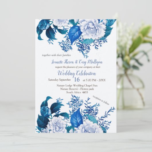 Witte Rose Blauwe Bloemen op Cryspy Wit Kaart (Staand voorkant)