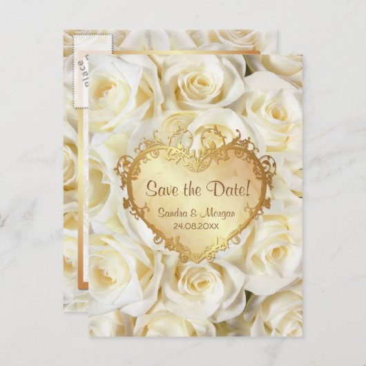 Witte Rose Bloemen Bruiloft Save the Date Aankondigingskaart (Voorkant / Achterkant)