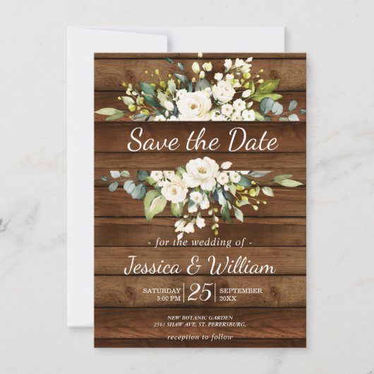 Witte Rose Bloemen Bruiloft Save the Date Uitnodig Bedankkaart (Voorkant)