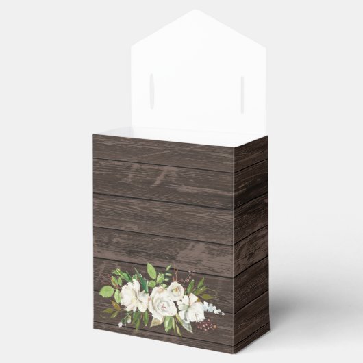 Witte Rose Bloemen Donkerbruin Hout Rustieke Bruil Bedankdoosjes (Geopend)