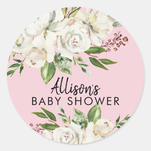 Witte Rose Bloemen Meisjes Baby shower Envelope Se Ronde Sticker (Voorkant)