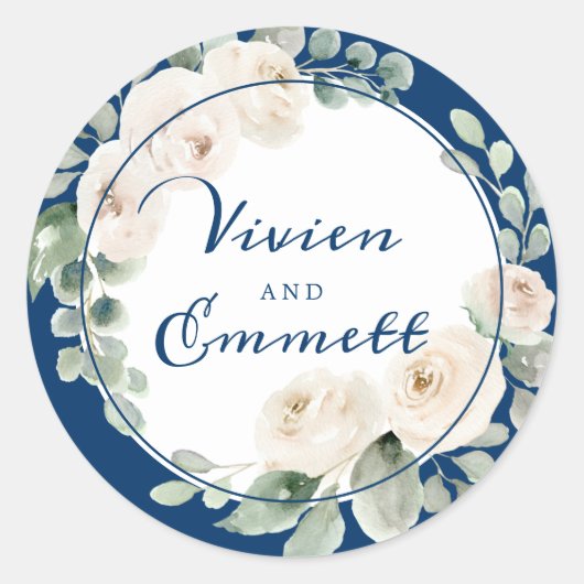 Witte Rose Bloemen op Navy Blue bruiloft gunst Ronde Sticker (Voorkant)