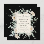 Witte Rose Bloemen op Zwarte Bruiloft Christelijke Save The Date (Voorkant / Achterkant)