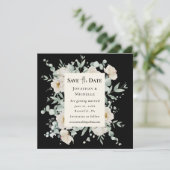 Witte Rose Bloemen op Zwarte Bruiloft Christelijke Save The Date (Staand voorkant)