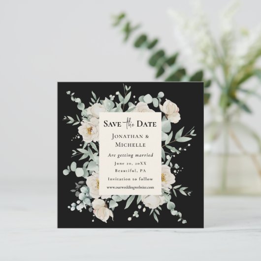 Witte Rose Bloemen op Zwarte Bruiloft Christelijke Save The Date (Staand voorkant)