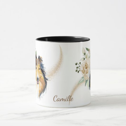 Witte Rose Boeket Collie Dog Mok (Midden)