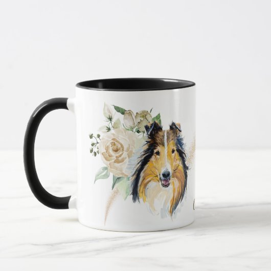 Witte Rose Boeket Collie Dog Mok (Links)